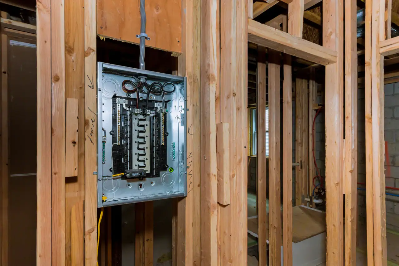 New breaker panel installed in the wood framing of a new build