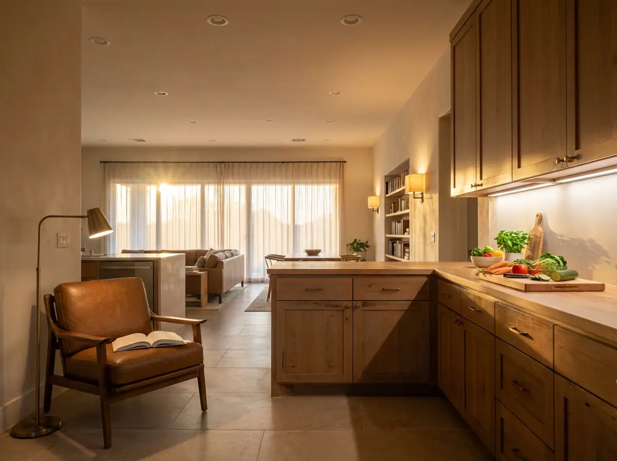 Layered recessed and accent lighting in a modern home