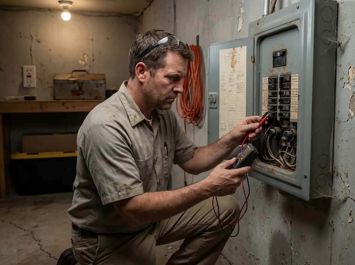 Electrician testing outlets during a home safety inspection
