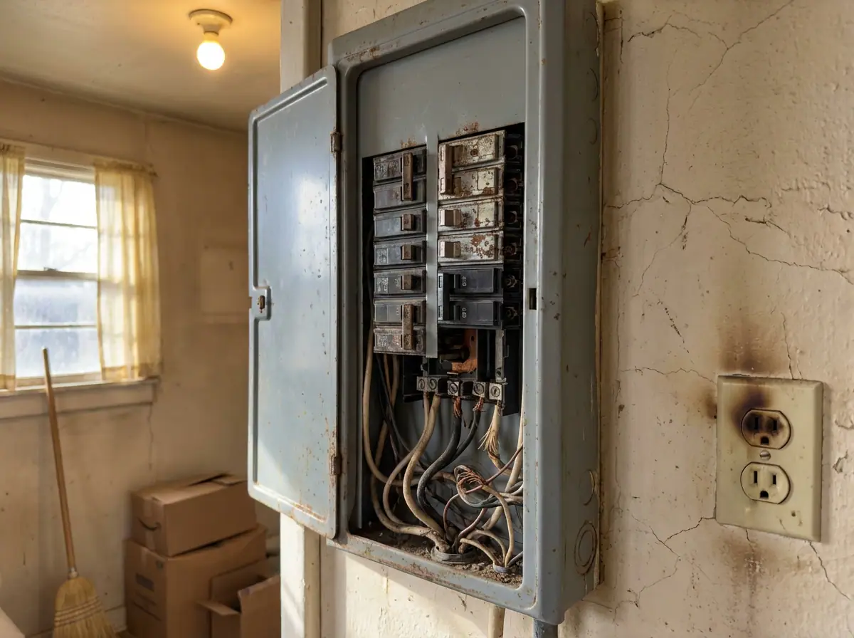 Scorched outlet showing an electrical warning sign