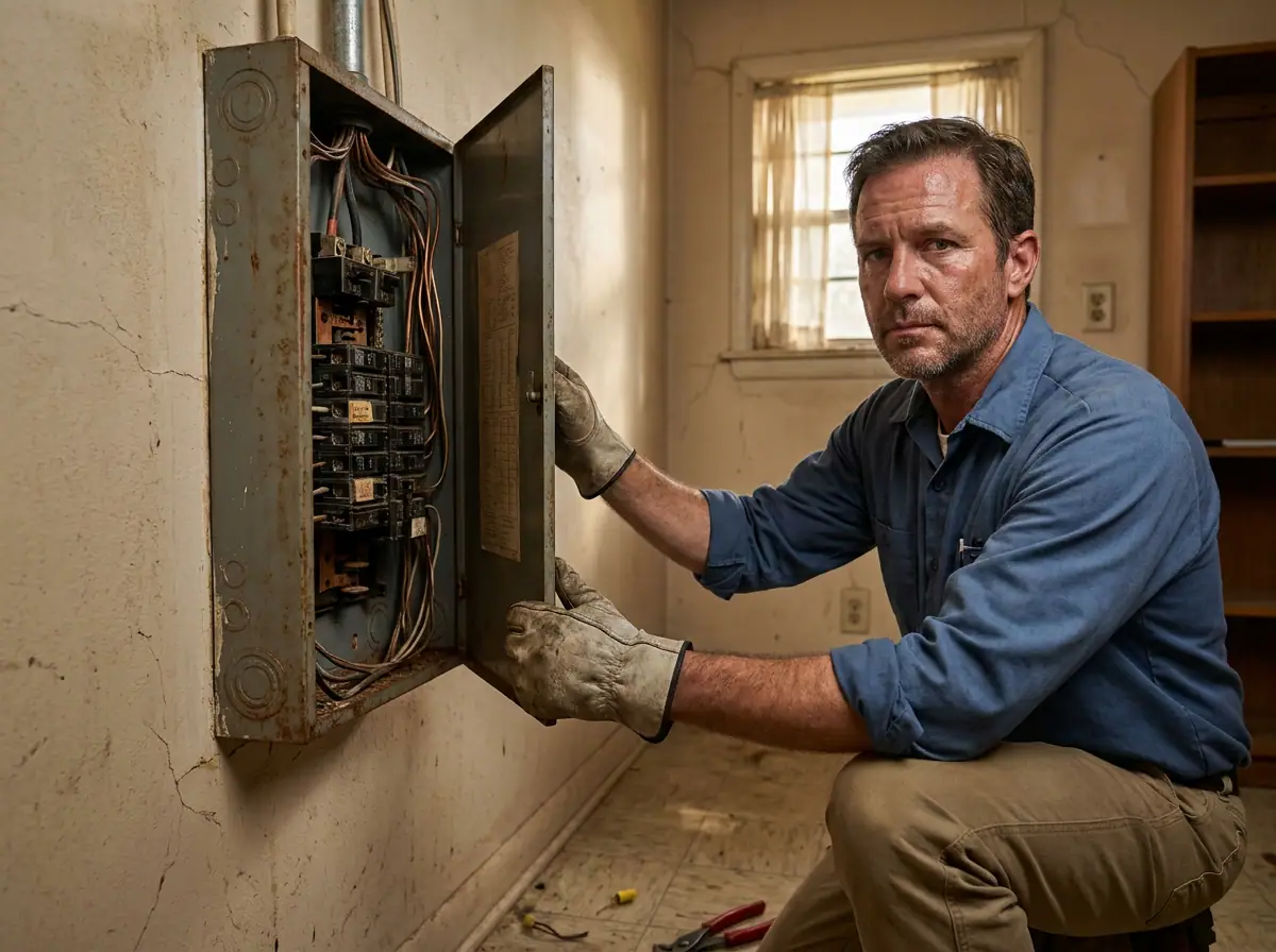 Electrician inspecting a residential breaker panel