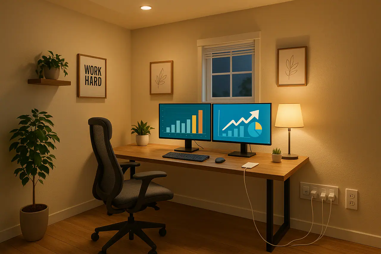 Organized home office with surge protection and tidy cables