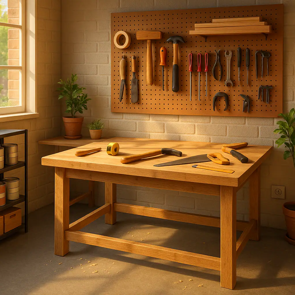 Home workshop with power tools, outlets and bright shop lighting