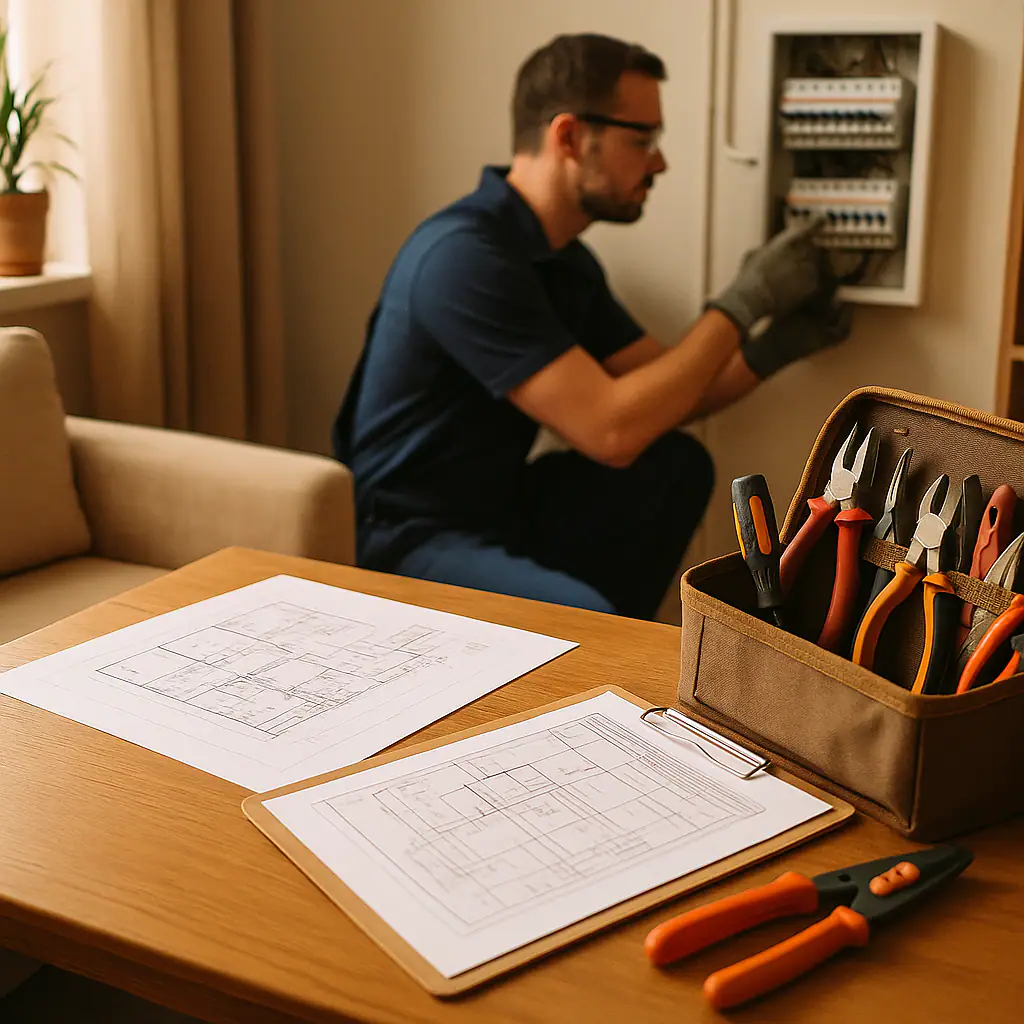 Homeowner reviewing an electrical quote with an electrician
