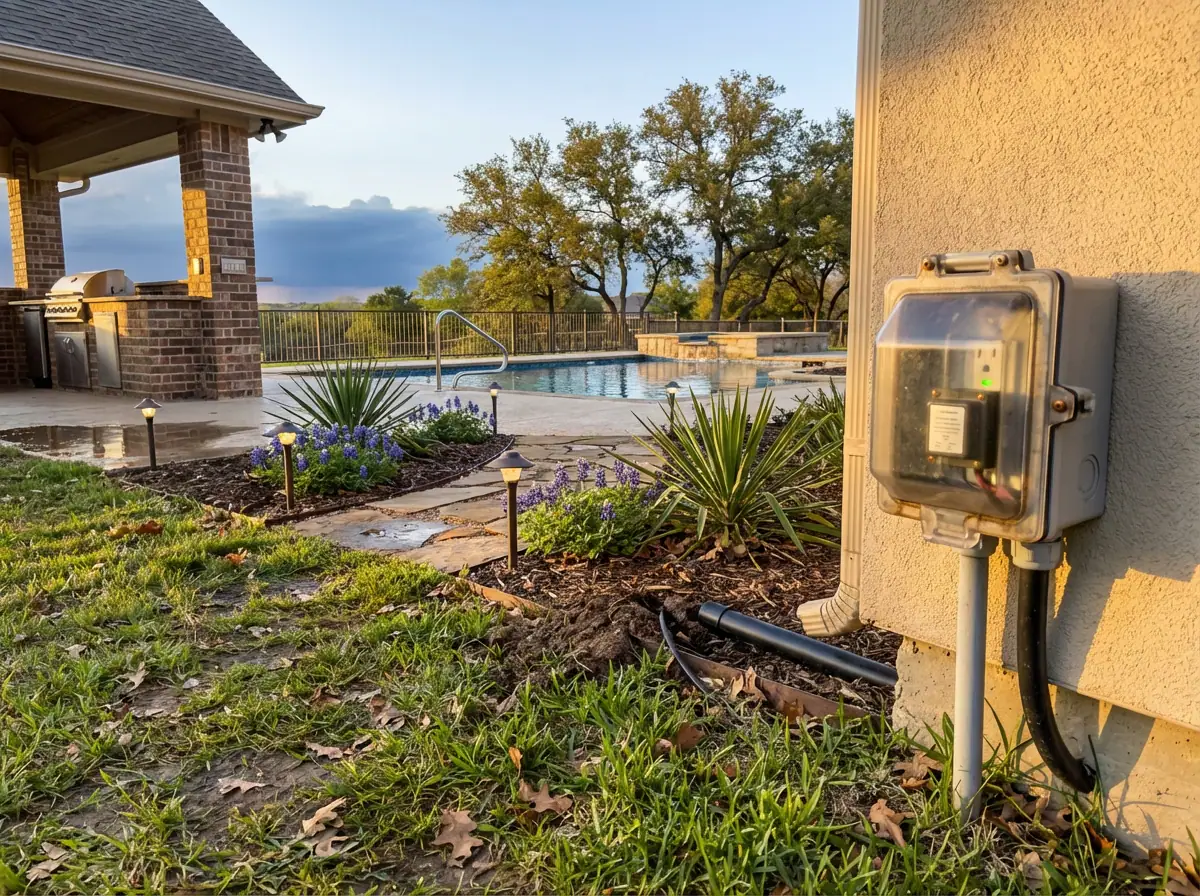 Weatherproof outdoor outlet cover on a Granbury patio
