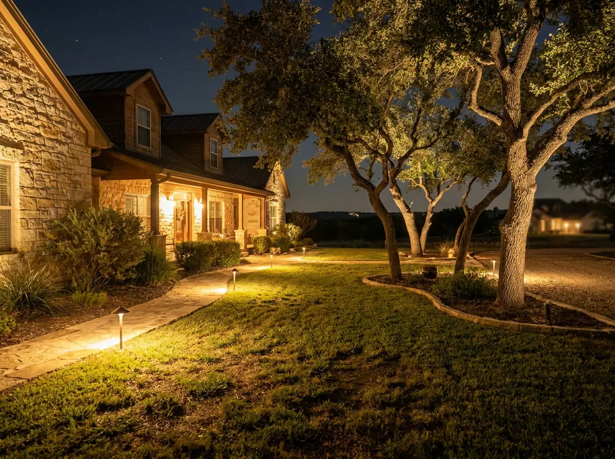 Low-voltage landscape lighting along a garden path at night