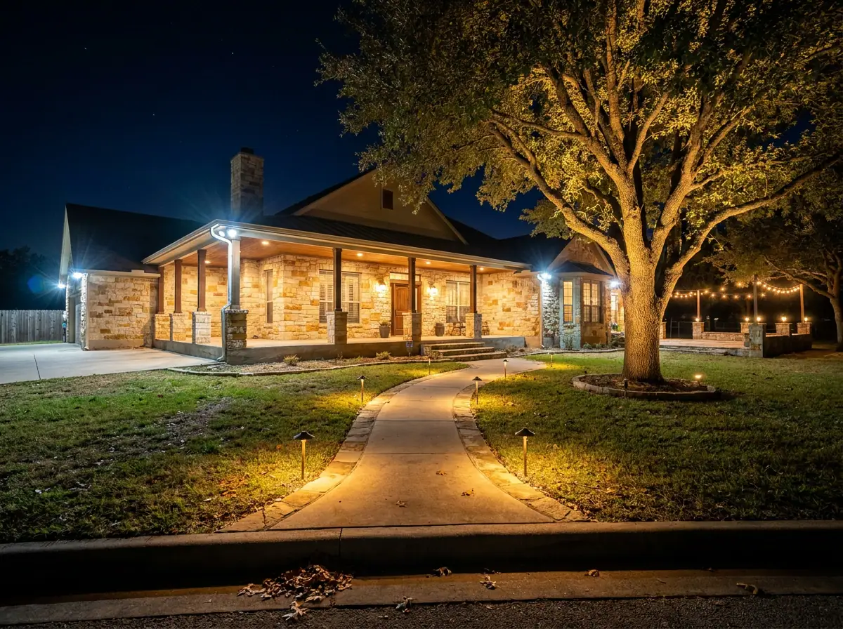 Outdoor landscape and security lighting on a Granbury home at dusk