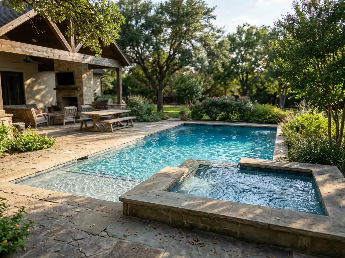 Backyard pool and hot tub with outdoor lighting
